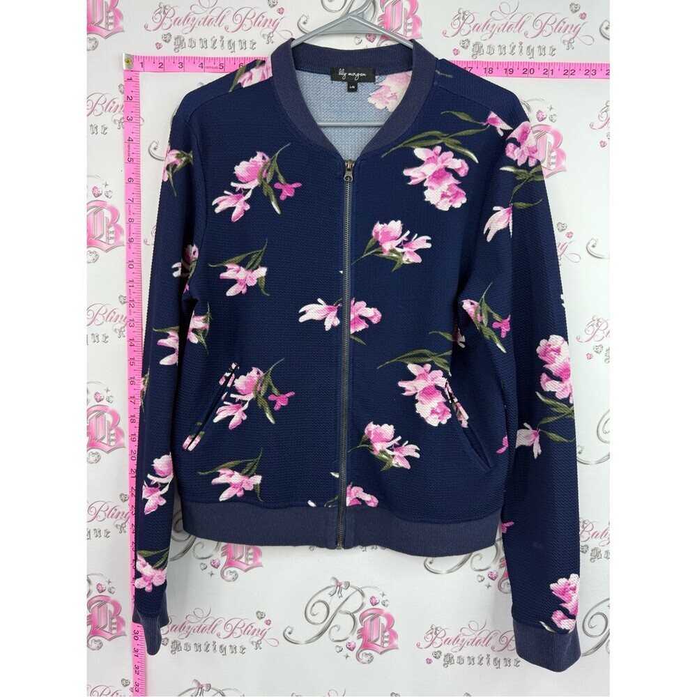 Lily Morgan jacket sweater Floral Zip Bomber Jacket in Navy with Pink Blossoms